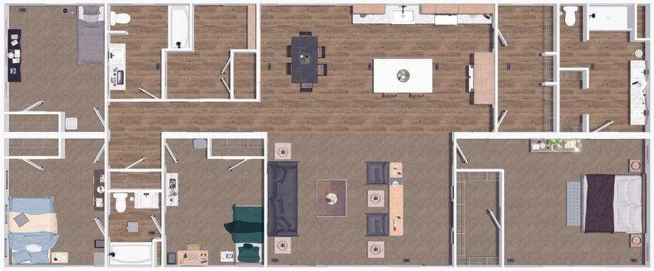 House layout with 4 bedrooms, 3 bathrooms, and an open-layout living room, dining room, and kitchen.