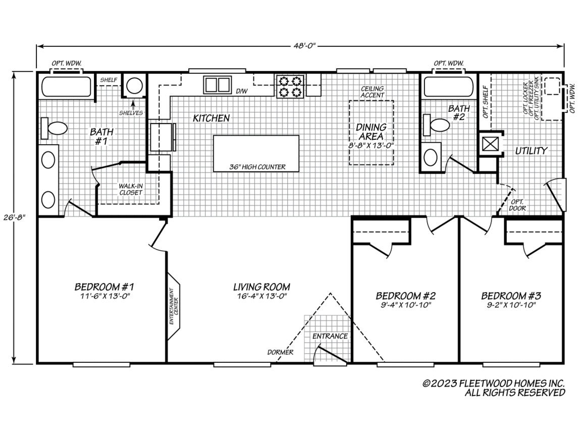 Floor plan of Model 24683P, a 3-bed, 2-bath manufactured home featuring a central kitchen with island, dining area, utility room, and spacious living room.