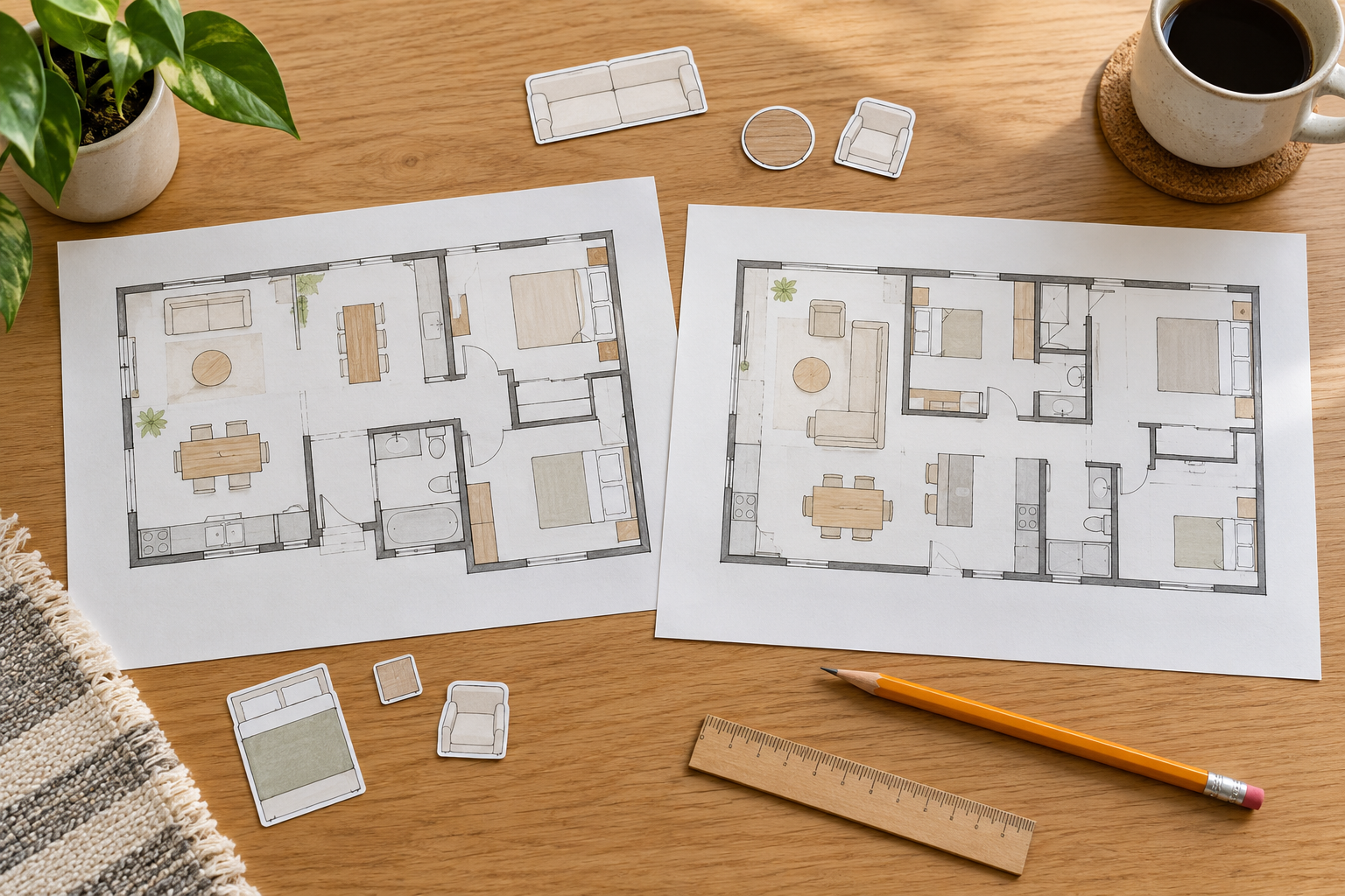 Two generic floor-plan sketches on a wooden table with furniture cutouts, a pencil and a ruler.