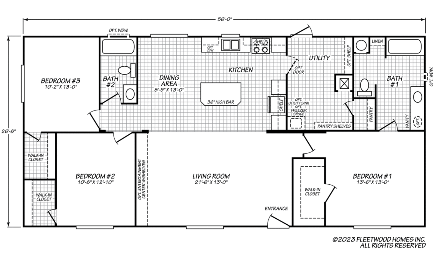 Black and white floor plan of a three-bedroom manufactured home featuring two bathrooms, central kitchen with island, dining area, utility room, and walk-in closets.