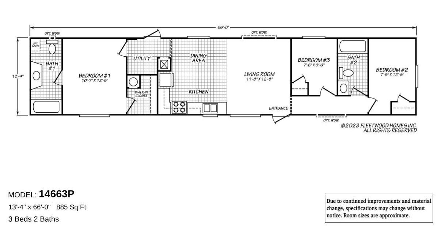 Floor plan of Cavco Idaho Model 14663P, an 885 sq. ft. home with 3 bedrooms and 2 bathrooms. Features include a central kitchen with dining area, living room, utility space, and a master suite with walk-in closet and private bath.