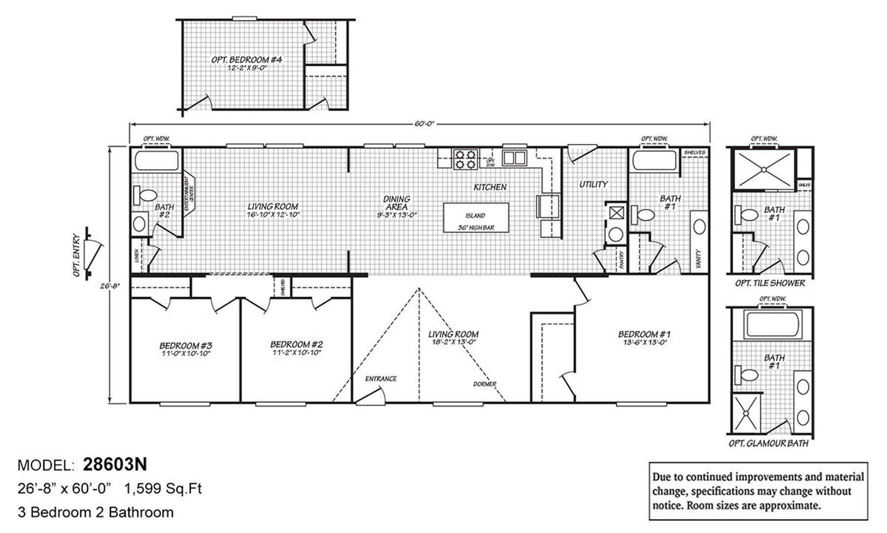 Floor plan for model 28603N showing 3-bedroom, 2-bathroom layout with 1,599 sq ft and optional fourth bedroom and bathroom configurations