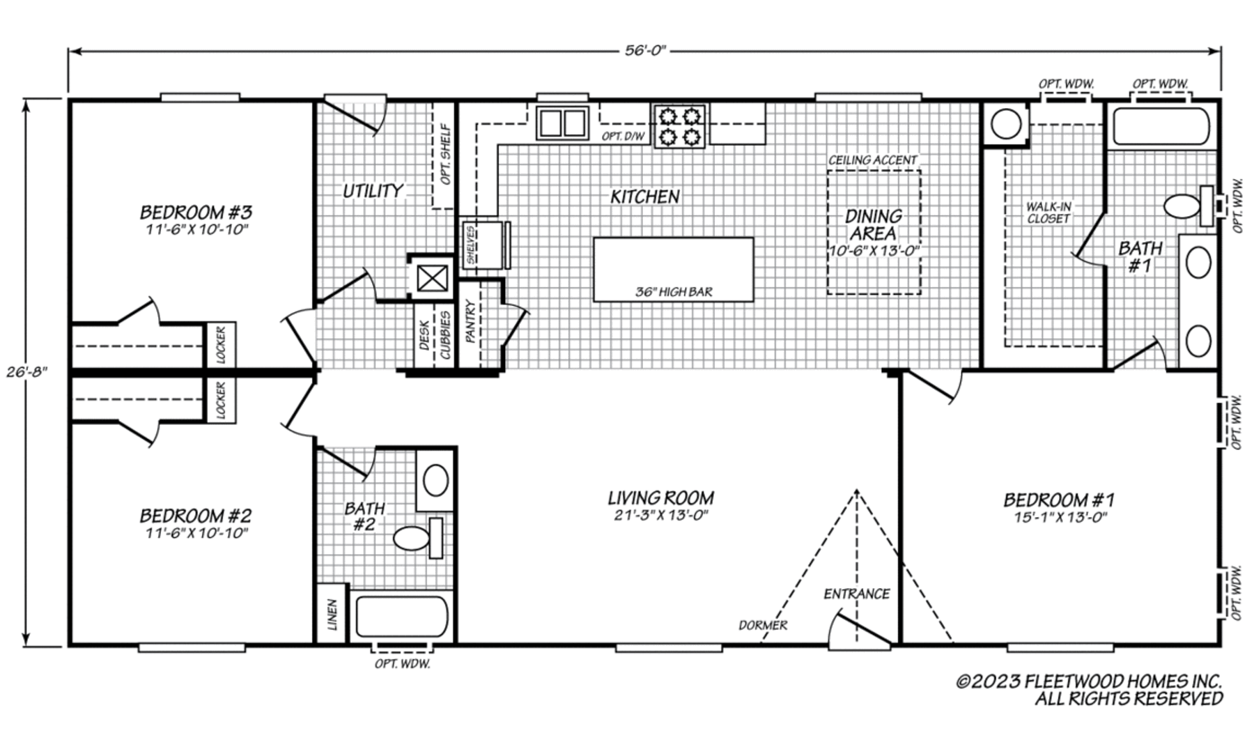 Floor plan of a 3-bedroom, 2-bath home featuring a large living room, central kitchen with island and dining area, utility room, and master suite with walk-in closet and private bath.