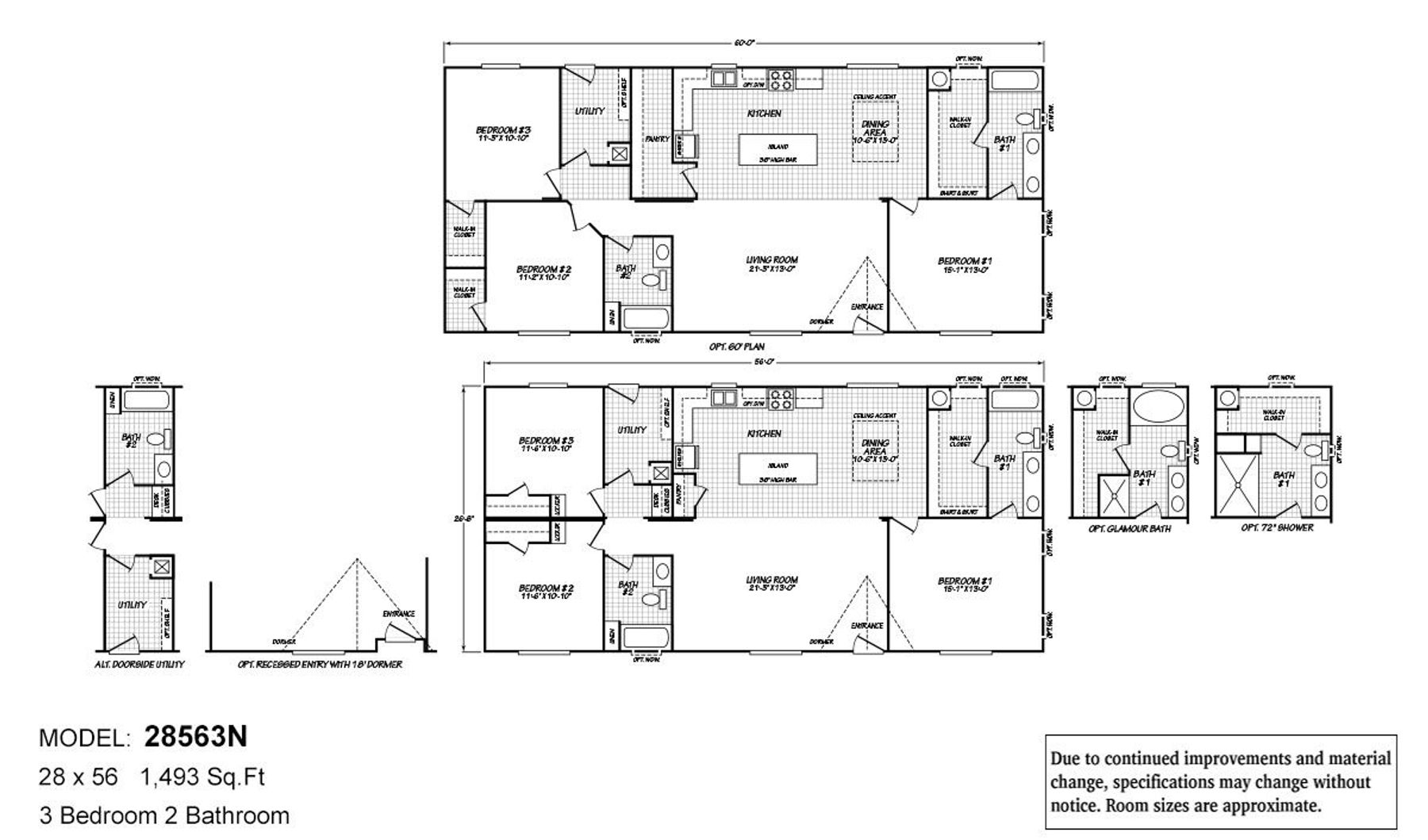 Floor plan for model 28563N showing 3-bedroom, 2-bathroom layout with 1,493 sq ft and multiple optional configurations including doorside utility and bathroom upgrades