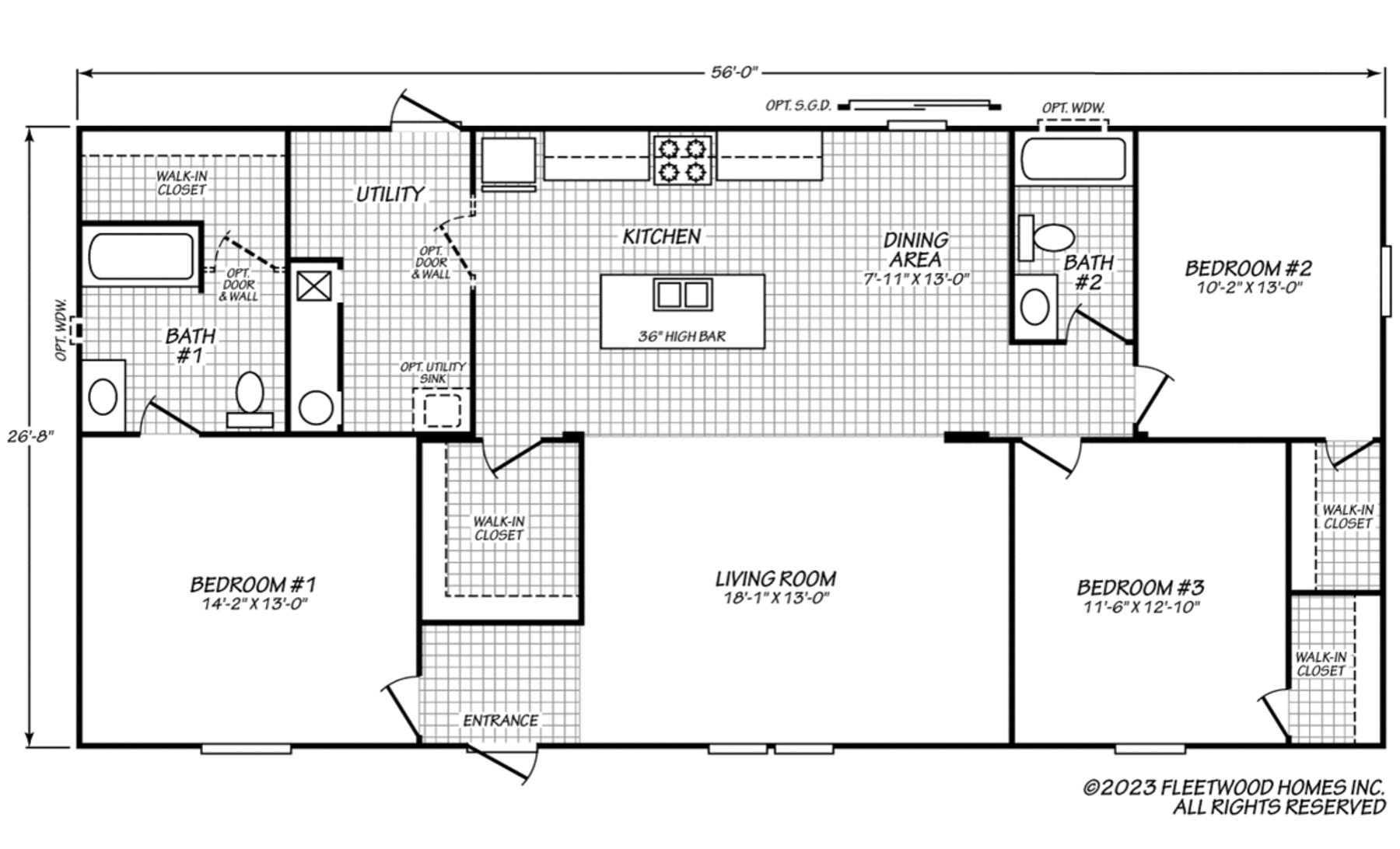 56' x 26'8" floor plan with 3 bedrooms, 2 baths, open kitchen with island, dining area, utility room, and large living room.