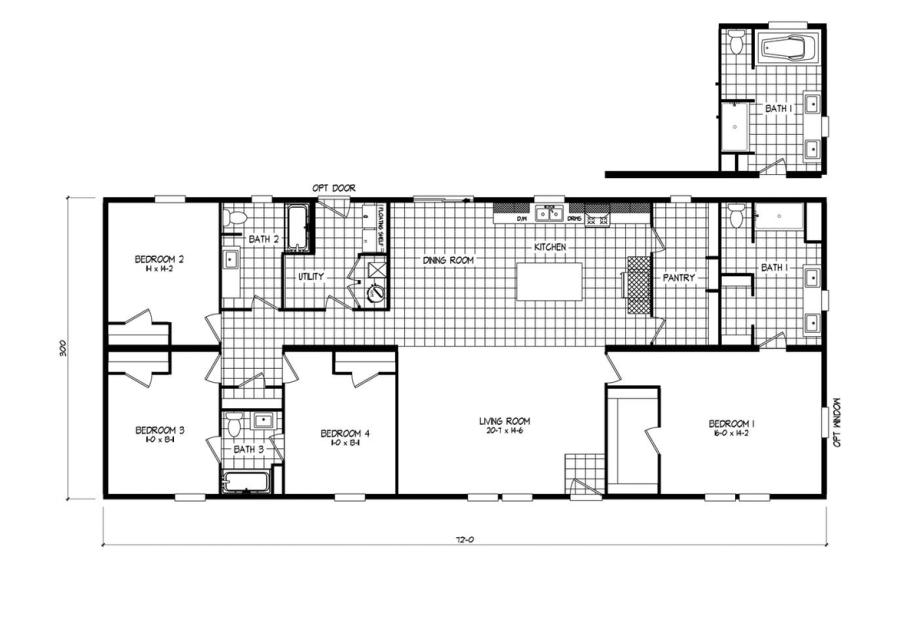 House blueprint with 4 bedrooms, 4 bathrooms, a large utility room, and an open-layout living room, dining room, kitchen, and a large pantry.