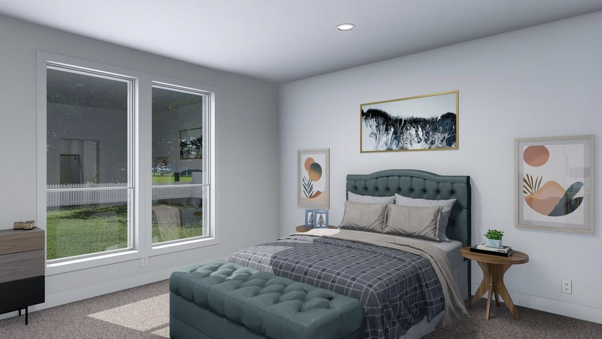 Medium bedroom with large windows, a queen-size bed, and a dresser.