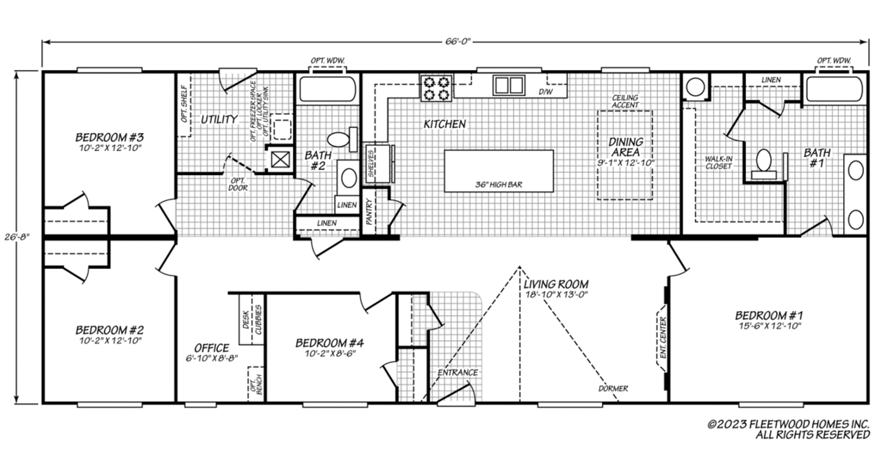 Floor plan of a 4-bedroom, 2-bath home with a living room, kitchen with island, dining area, utility room, office, and a master suite featuring a walk-in closet and private bath.