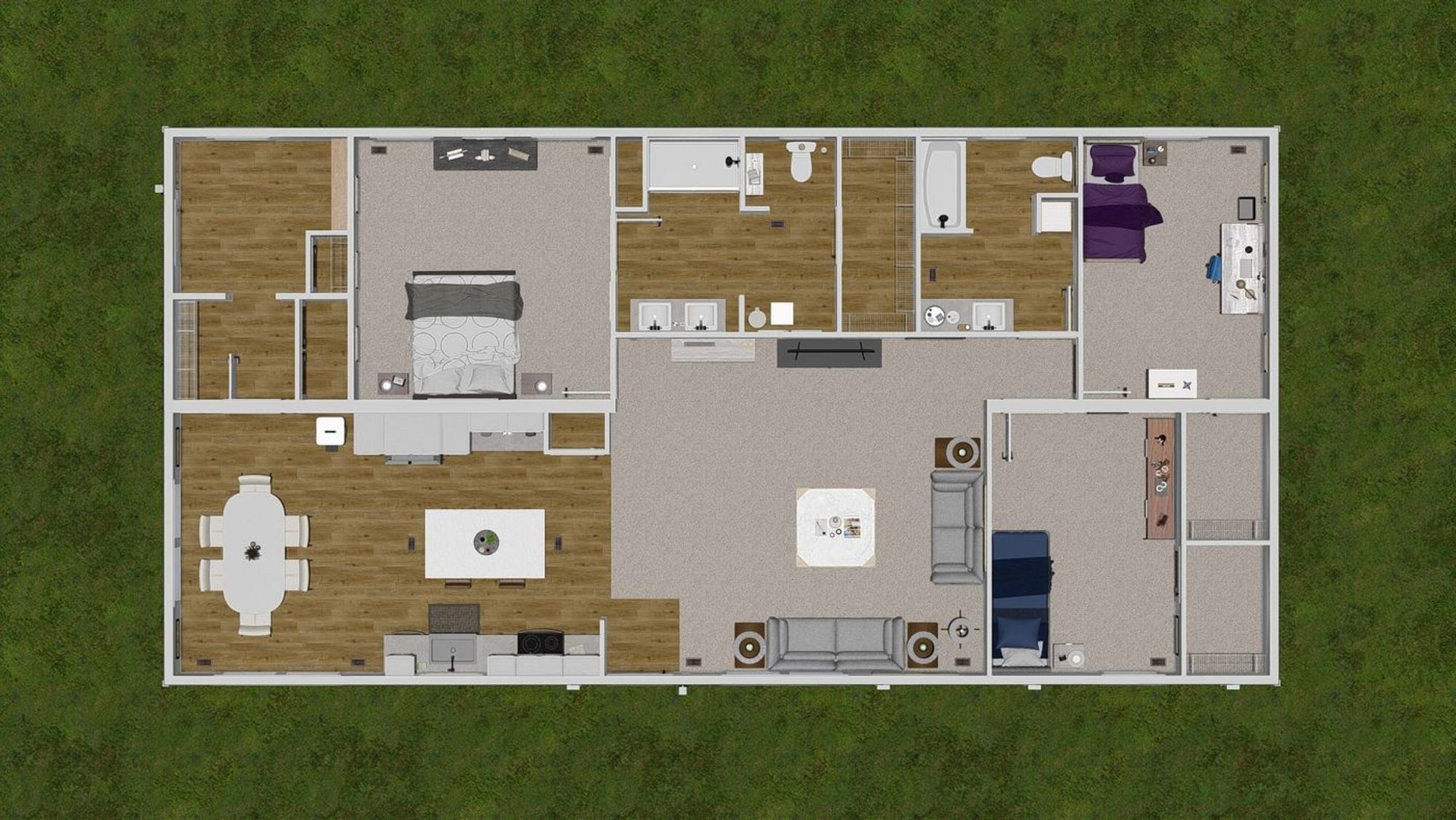 House layout with three bedrooms, two bathrooms, and an open-concept living room, kitchen, and dining room.