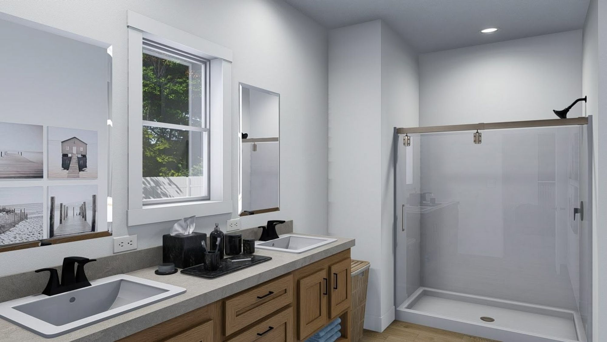 Large bathroom with a double sink and a standing shower.