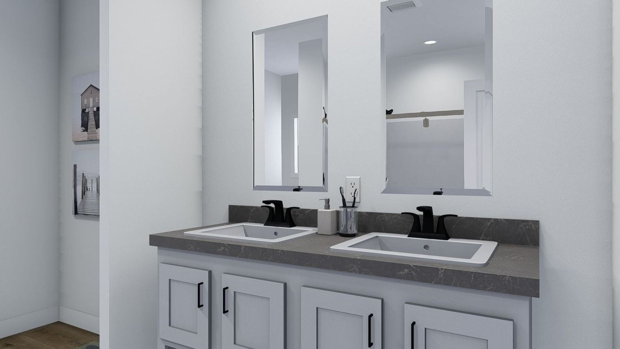 Close-up of a modern bathroom with a double sink.