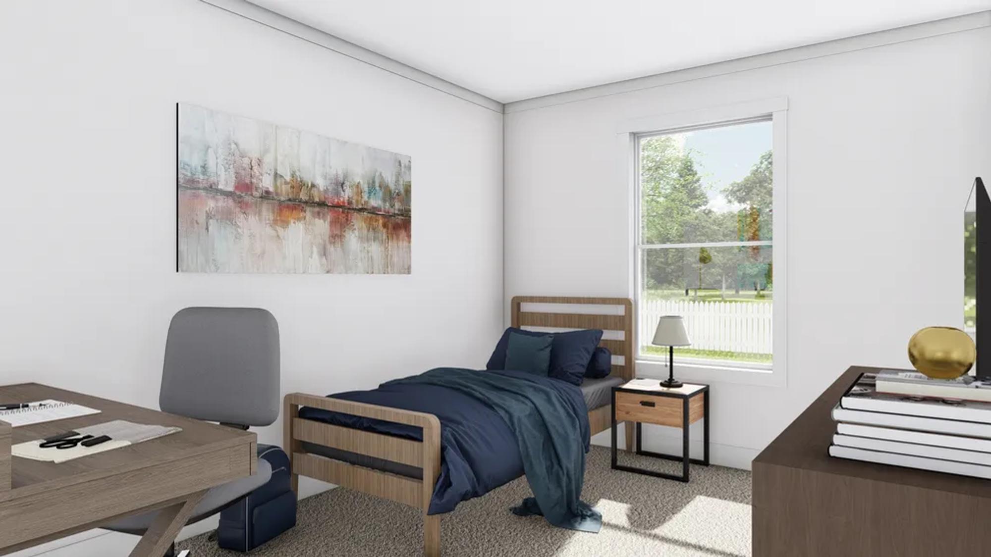Mid-sized bedroom with a twin bed , a desk, and a side table.