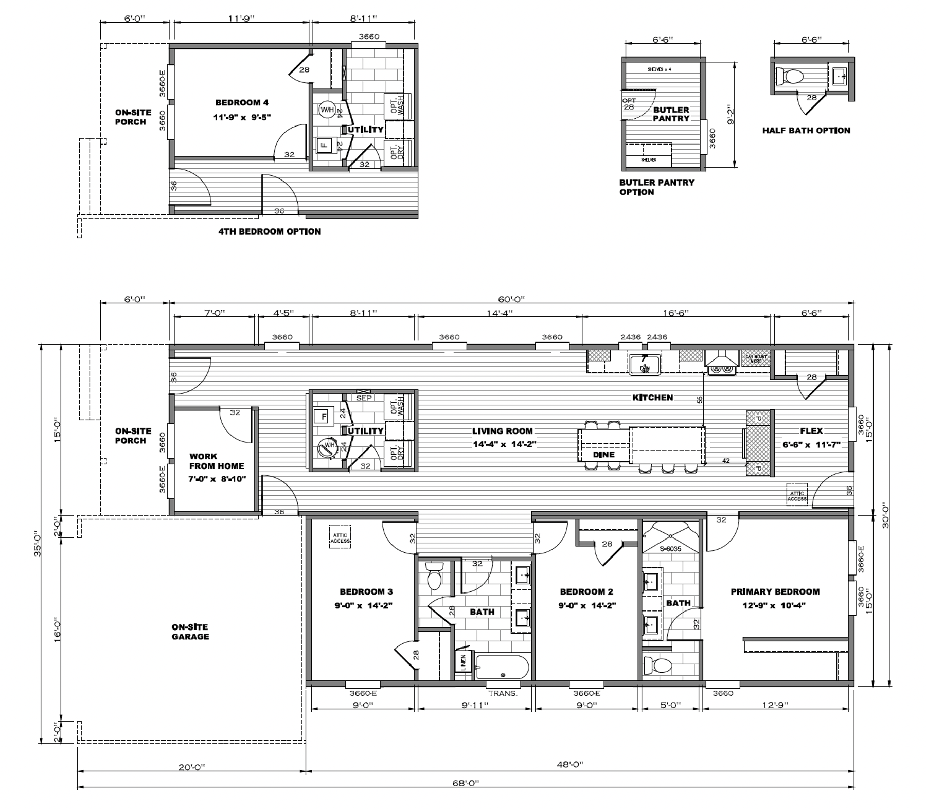 Floor plan showing a home layout with primary bedroom, living room, kitchen, dining area, flex room, utility room, work from home space, on-site porch, on-site garage, and options for fourth bedroom, butler pantry, and half bath additions