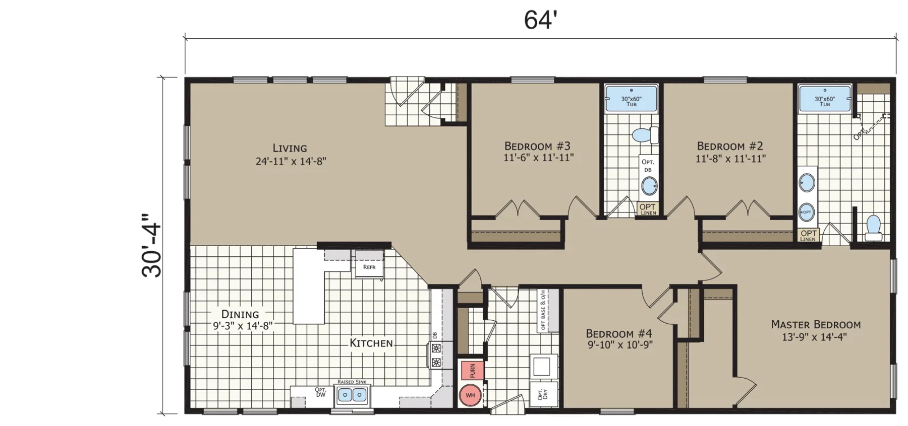 Default floor plan for Crystal Bay Estates CB6644C, a 4-bedroom, 2-bath multi-section home measuring 30'-4" x 64' with 1,942 square feet.
