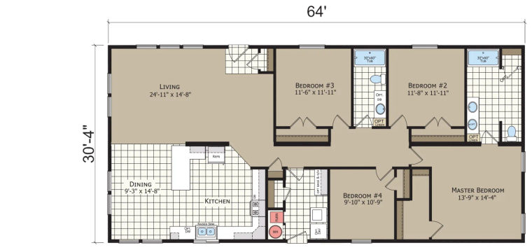 Default floor plan for Crystal Bay Estates CB6644C, a 4-bedroom, 2-bath multi-section home measuring 30'-4" x 64' with 1,942 square feet.