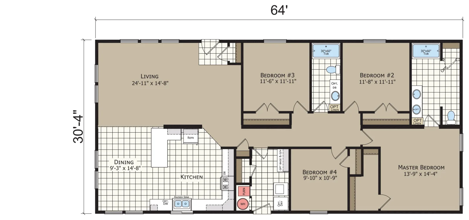 Default floor plan for Crystal Bay Estates CB6644C, a 4-bedroom, 2-bath multi-section home measuring 30'-4" x 64' with 1,942 square feet.