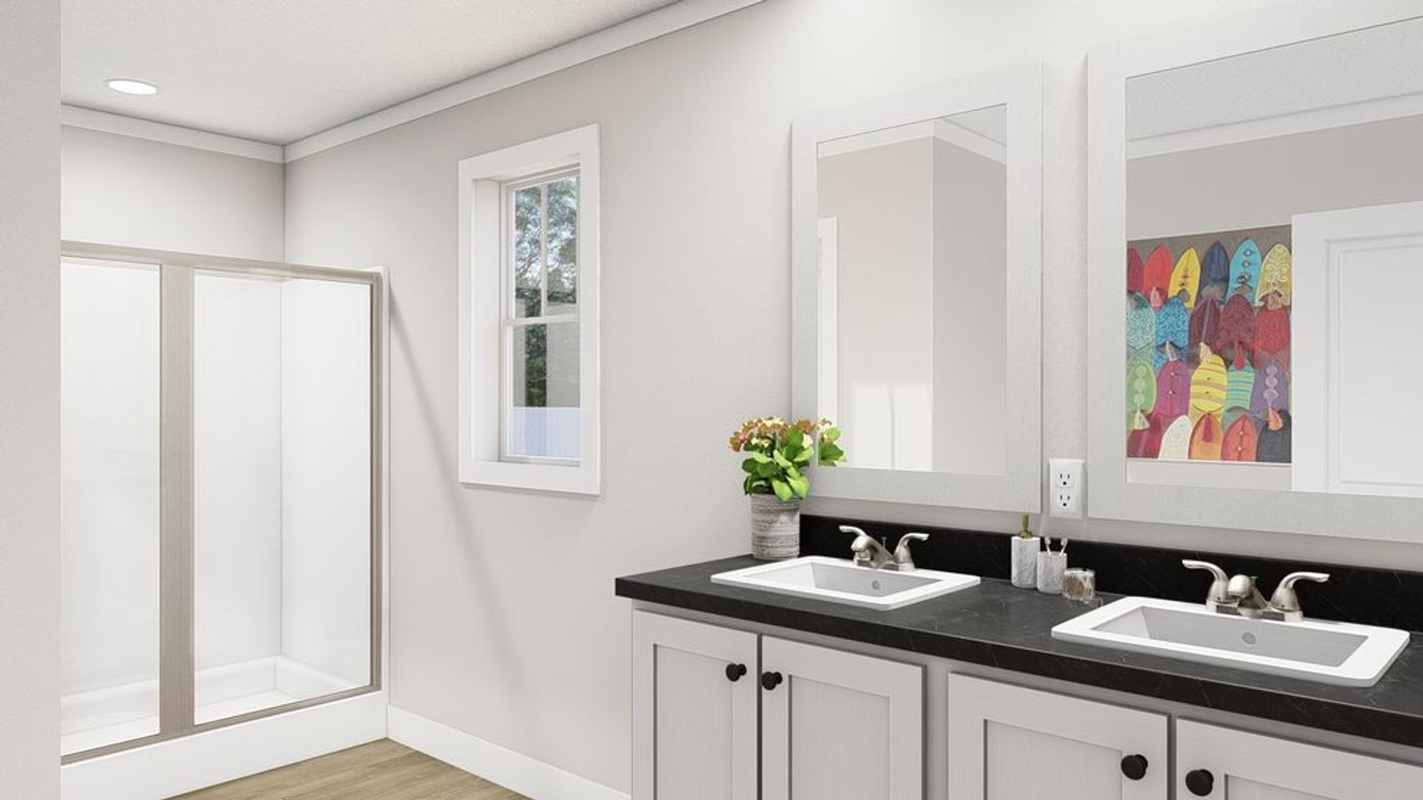 White bathroom with double sink and black countertop