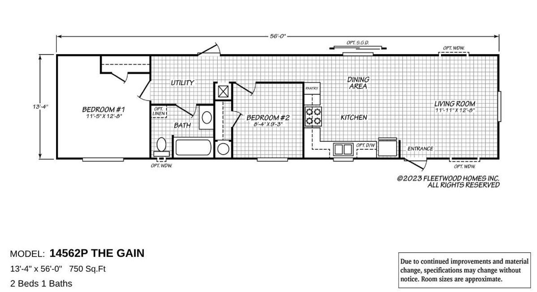 Floor plan of Cavco Idaho Model 14562P "The Gain," a 750 sq. ft. home with 2 bedrooms, 1 bathroom, open living room, dining area, kitchen with pantry, utility room, and large master bedroom.