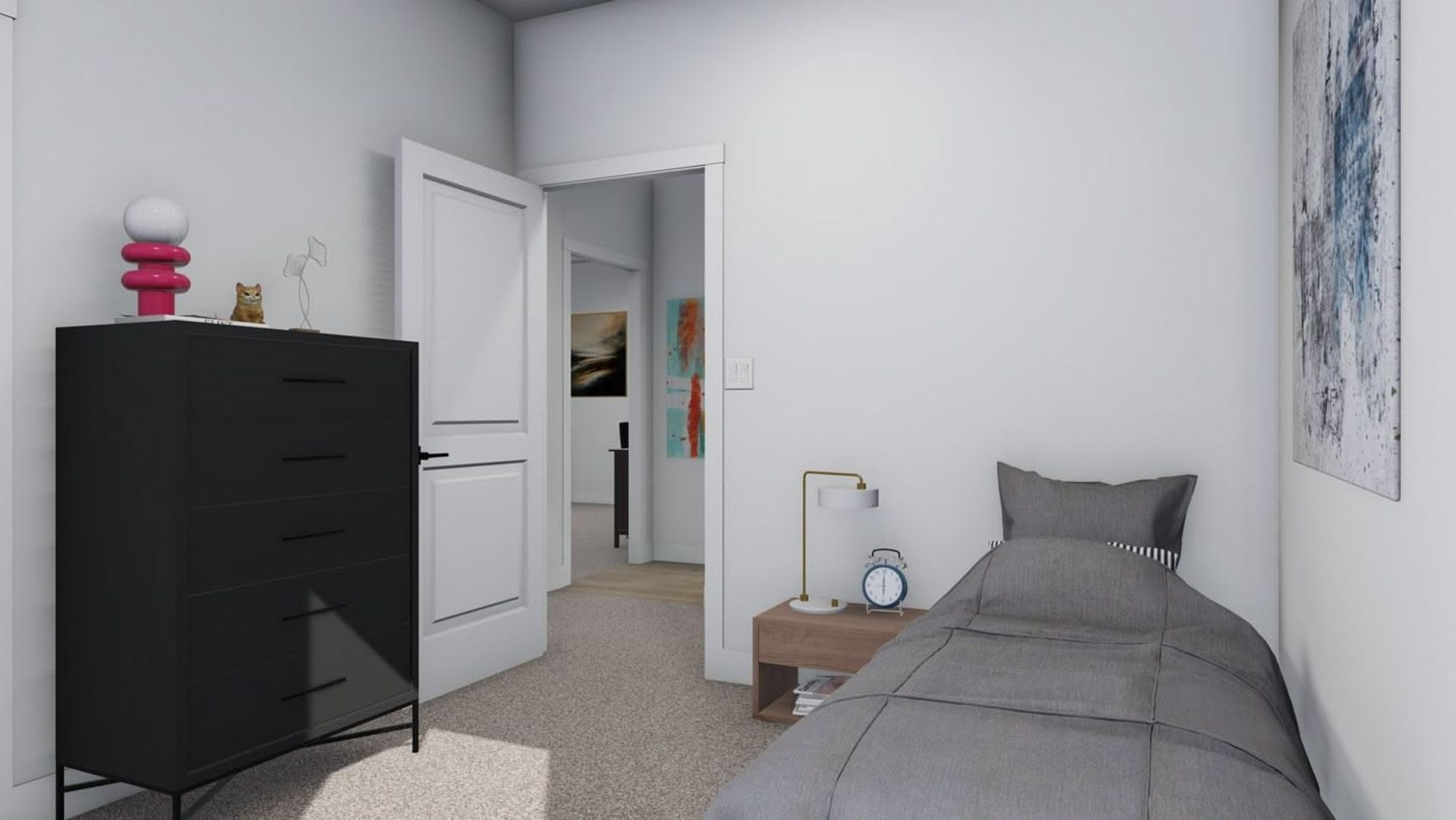 Medium bedroom with a single bed, dresser, and side table.