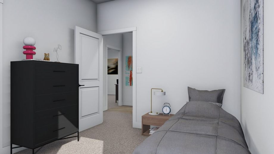Medium bedroom with a single bed, dresser, and side table.