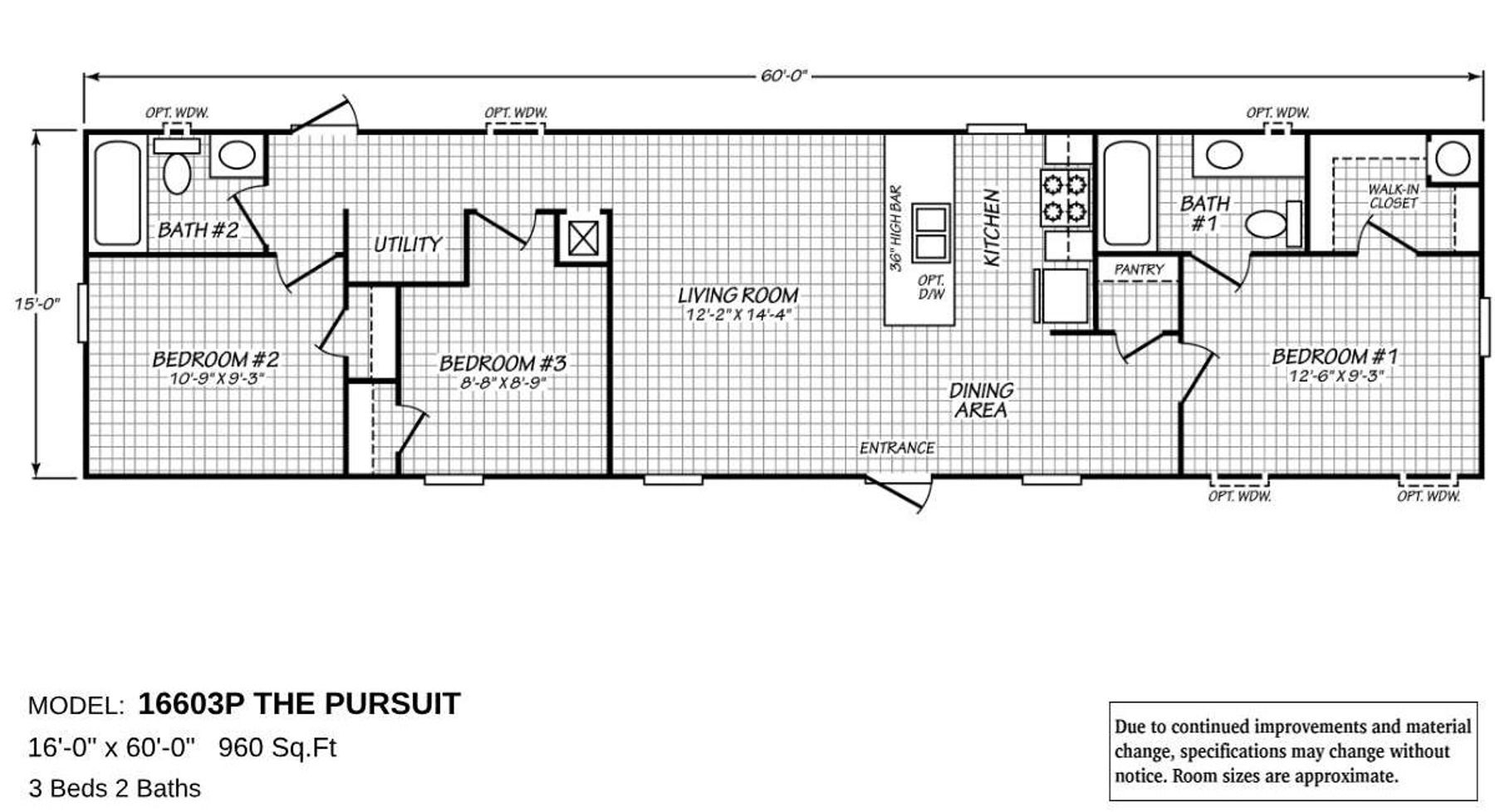 Floor plan of Cavco Idaho Model 16603P "The Pursuit," a 960 sq. ft. home with 3 bedrooms and 2 bathrooms. Layout includes a spacious living room, dining area, kitchen with high bar island and pantry, utility room, and a master suite with walk-in closet and private bath.