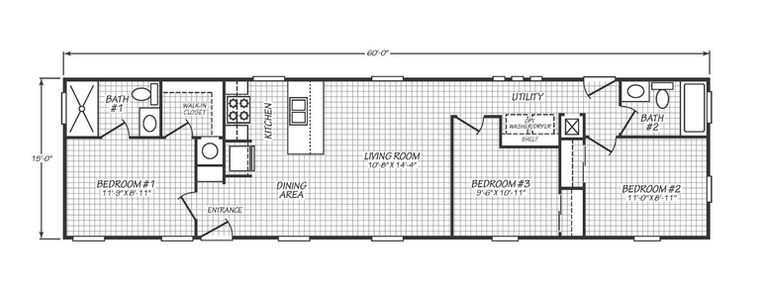 Solaris 16603A floor plan for a 3-bedroom, 2-bathroom, 930-square-foot manufactured home.