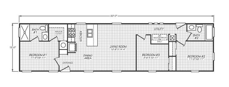 Solaris 16603A floor plan for a 3-bedroom, 2-bathroom, 930-square-foot manufactured home.