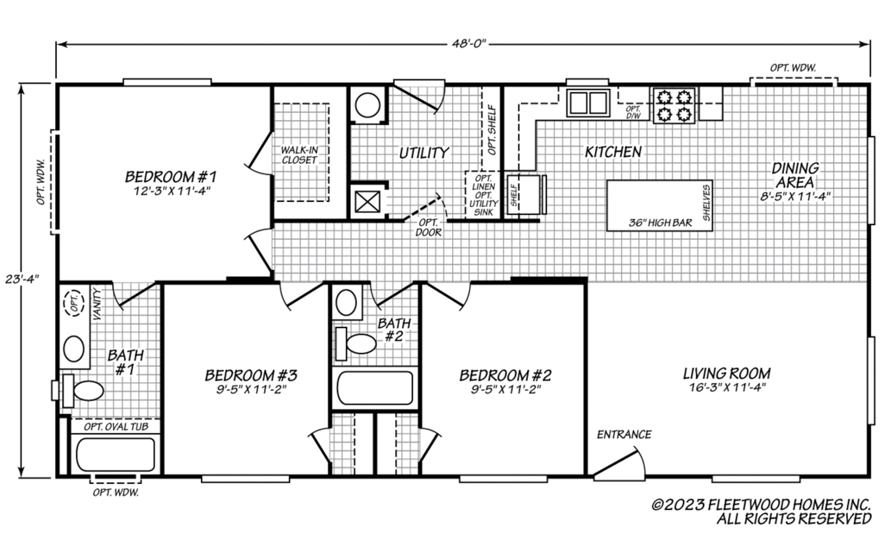 This is a 3-bedroom, 2-bath home with a spacious living room, open kitchen with dining area and island bar, utility room, and a primary suite with walk-in closet and private bath.