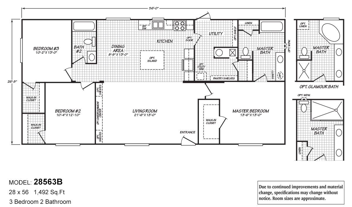 Black-and-white floor plan of the Cavco Idaho Broadmore Series Model 28563B, a 3-bedroom, 2-bathroom manufactured home layout with central living room, kitchen with optional island, dining area, utility room, master suite with walk-in closet, and optional glamour bath configurations.