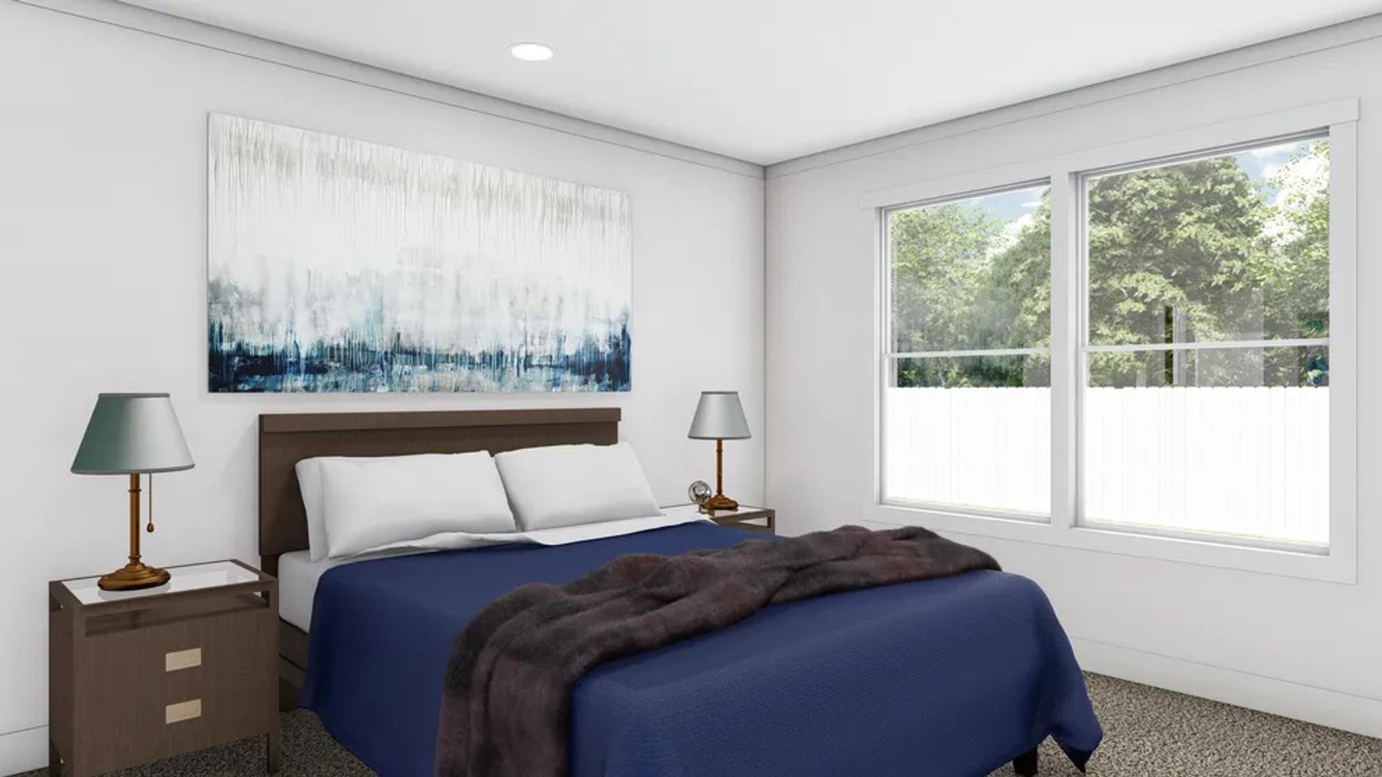 Mid-sized bedroom with a queen bed and two bedside tables.