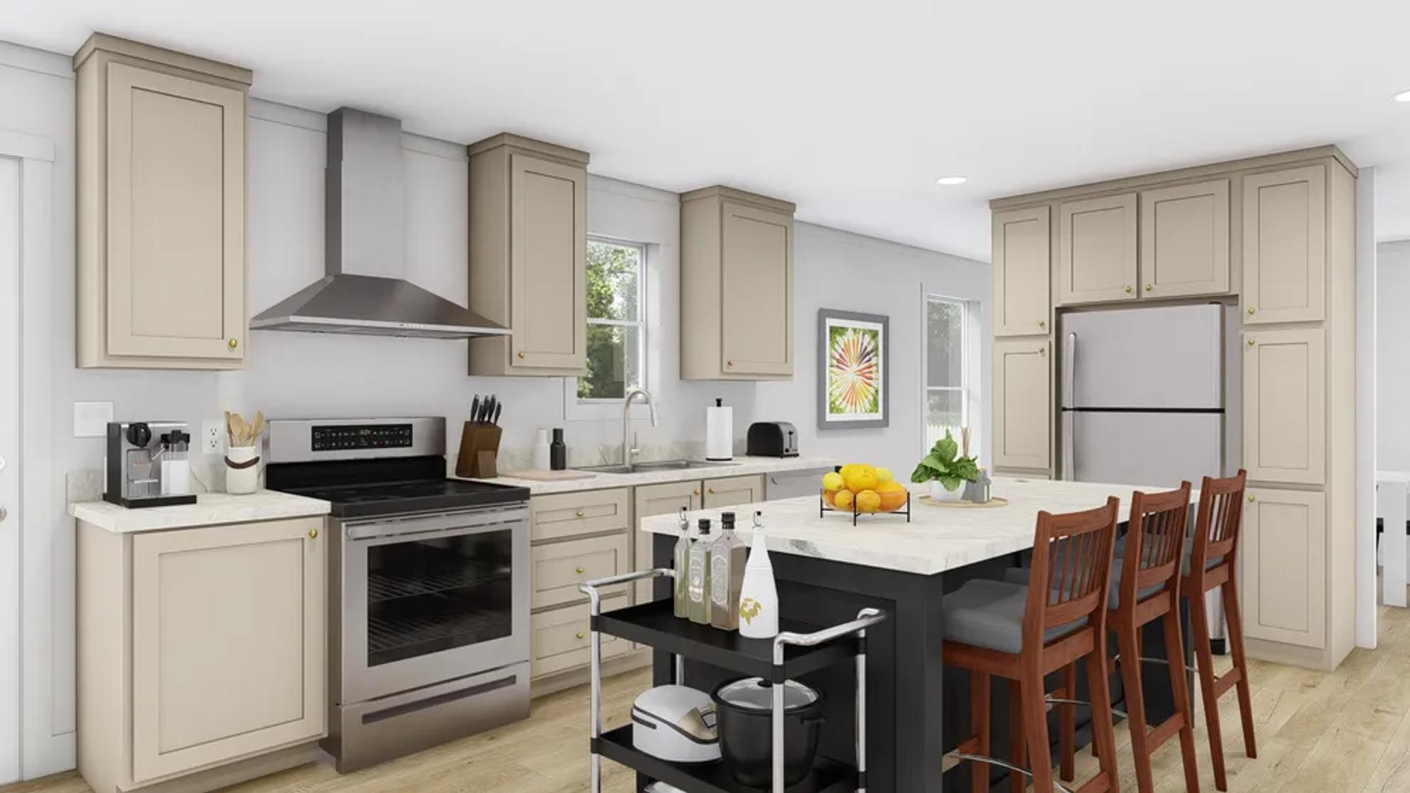 Large kitchen with light-colored cabinets, a central island featuring a white countertop, stainless steel appliances, and natural light from a rear-facing window.