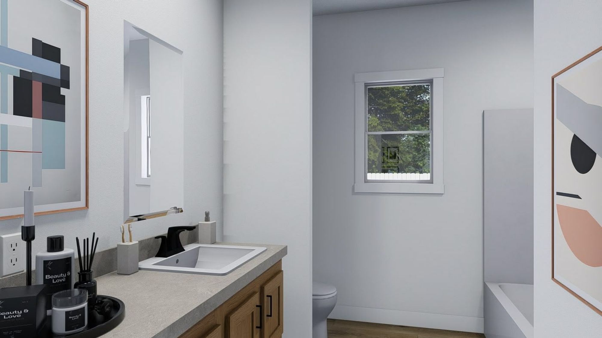 Medium-sized white bathroom with a bathtub.