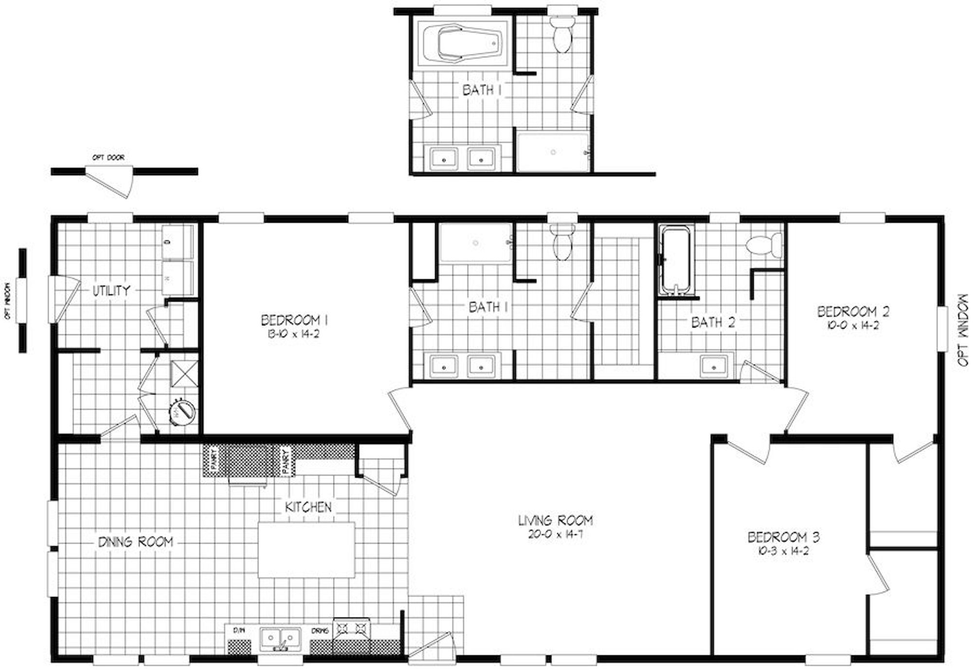 House blueprint with 3 bedrooms, 3 bathrooms, a large utility room, and an open kitchen, living room, and dining room.