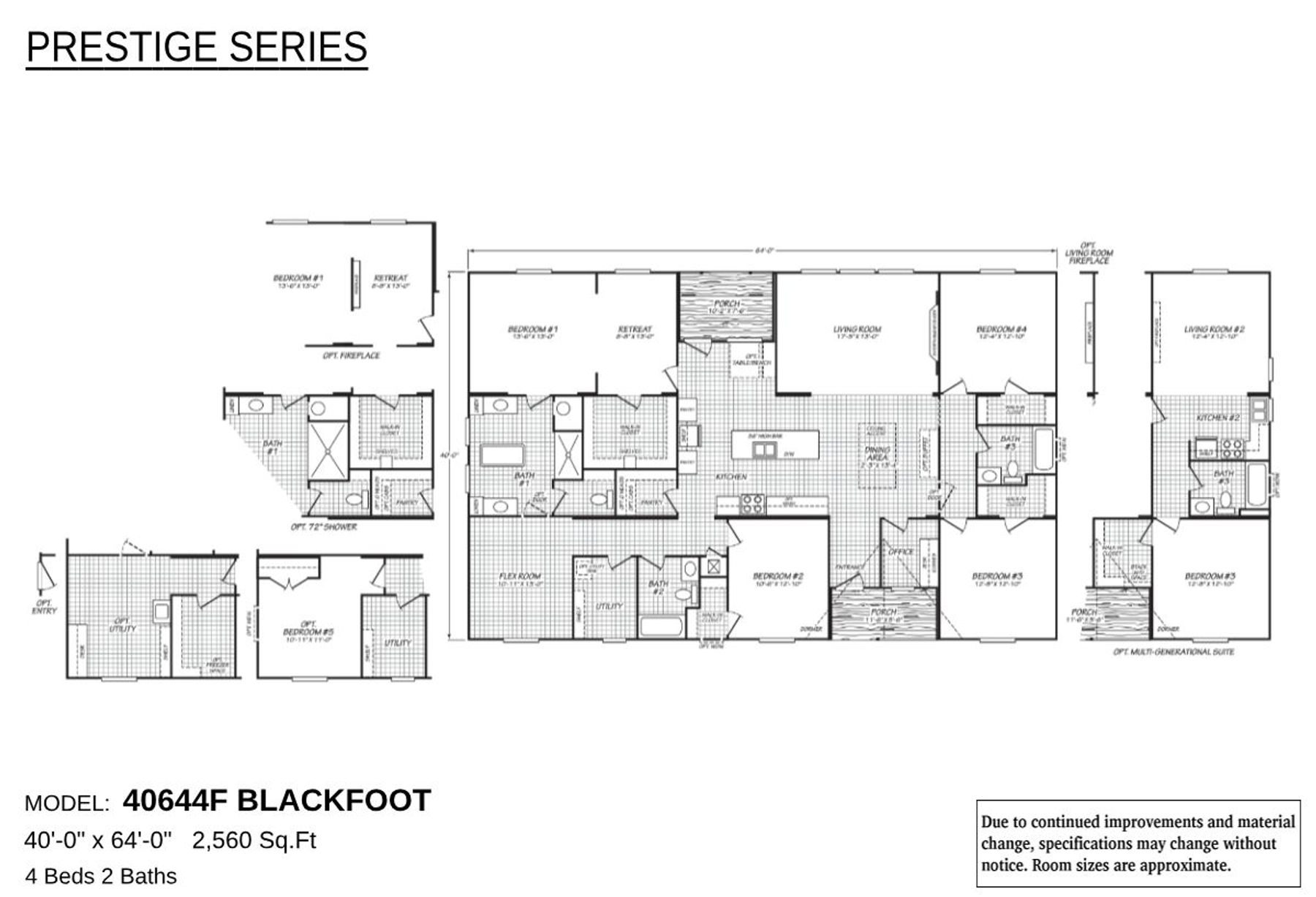 Floor plan of Prestige Series Model 40644F Blackfoot showing a 4-bedroom, 2-bathroom home layout with 2,560 square feet, including kitchen, living room, dining room, and optional features like fireplace and multi-generational suite