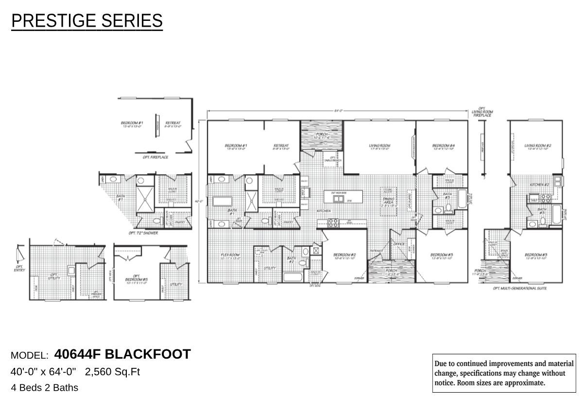 Floor plan of Prestige Series Model 40644F Blackfoot showing a 4-bedroom, 2-bathroom home layout with 2,560 square feet, including kitchen, living room, dining room, and optional features like fireplace and multi-generational suite
