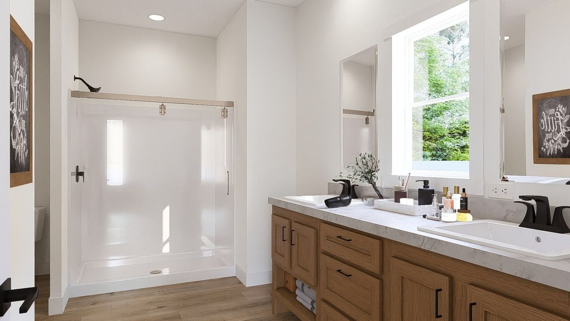 Large bathroom with a double sink and a standing shower.