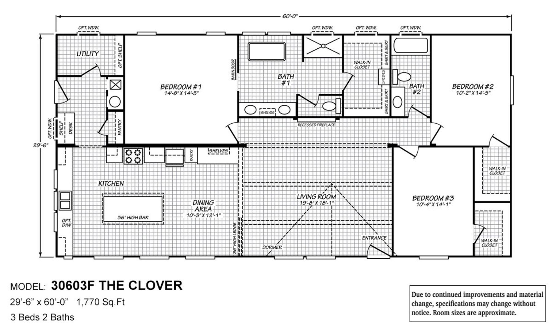 Floor plan for The Clover model 30603F showing 3-bedroom, 2-bathroom layout with 1,770 sq ft featuring recessed fireplace and optional windows
