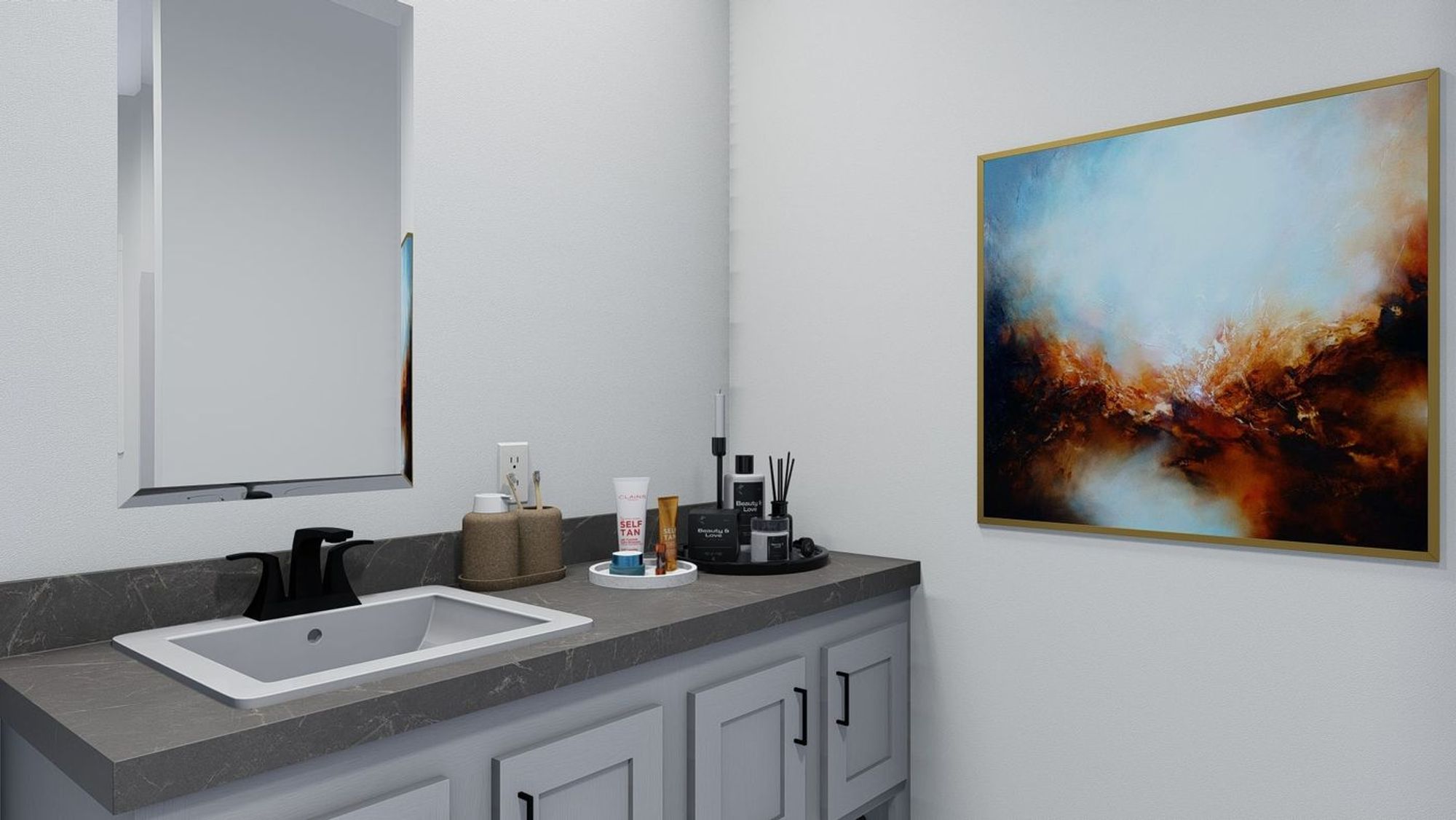 Close-up of a bathroom with a large countertop and a single sink.