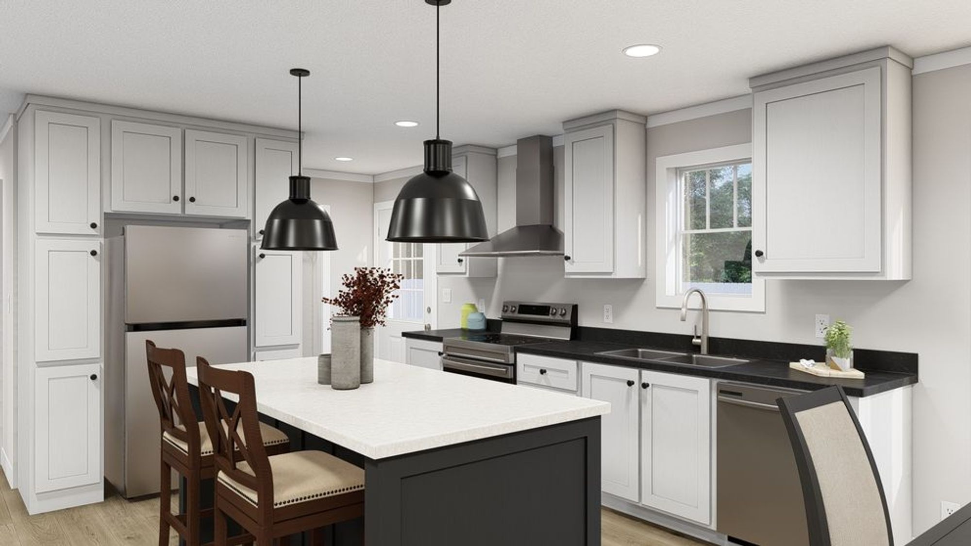 Large black-and-white kitchen with silver appliances and an island