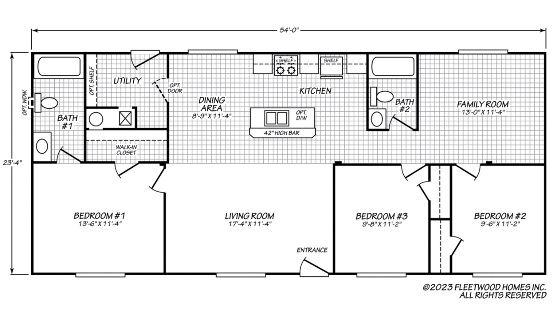 3-bedroom, 2-bath home with living room, family room, kitchen with island, dining area, and utility room.