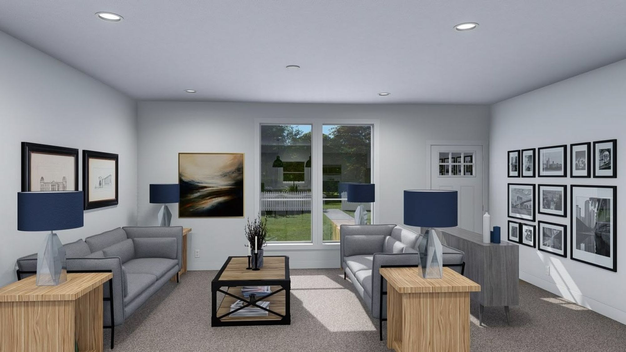 A spacious front room with two facing couches, a coffee table, an entryway in the back, and large front windows.