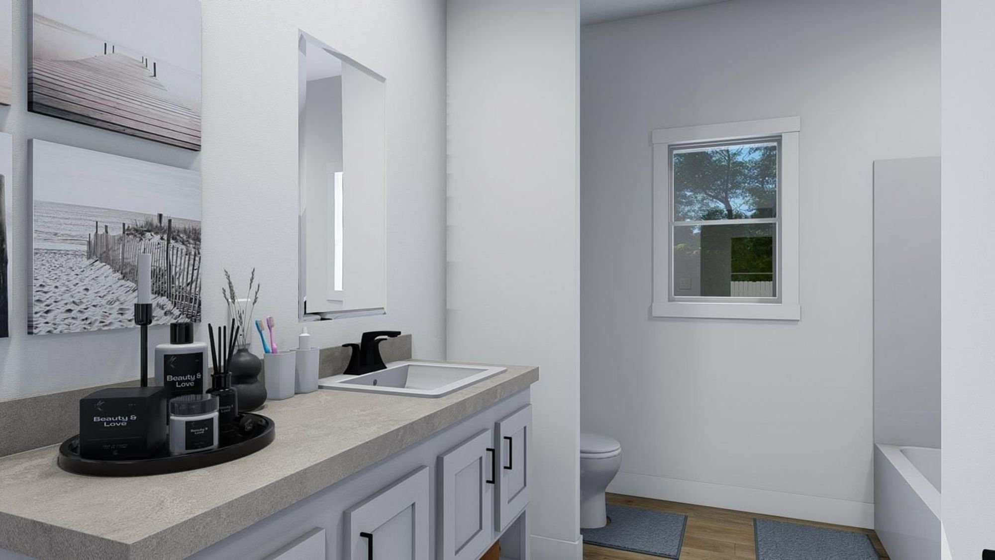 Large, spacious bathroom with a large countertop with one sink.