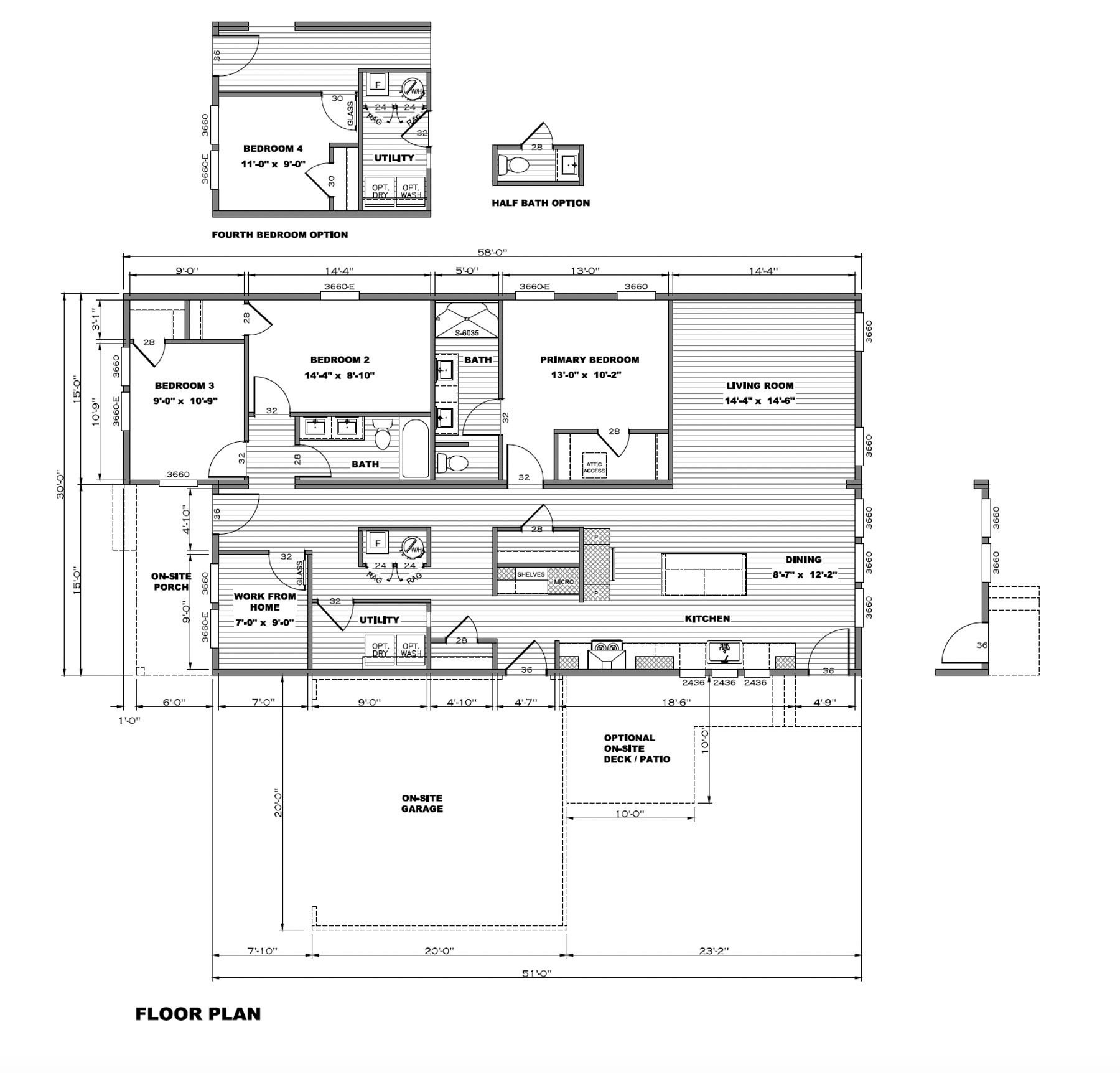 Floor plan showing a home layout with primary bedroom, living room, kitchen, dining area, utility room, on-site porch work from home space, on-site garage, and options for fourth bedroom and half bath additions