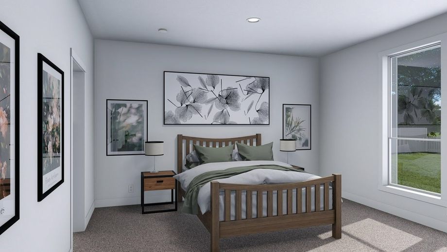 Large bedroom with a queen bed, side tables, and large windows.