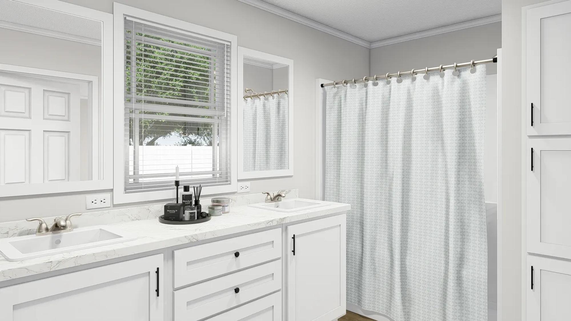 White-themed bathroom with double sinks and large countertop