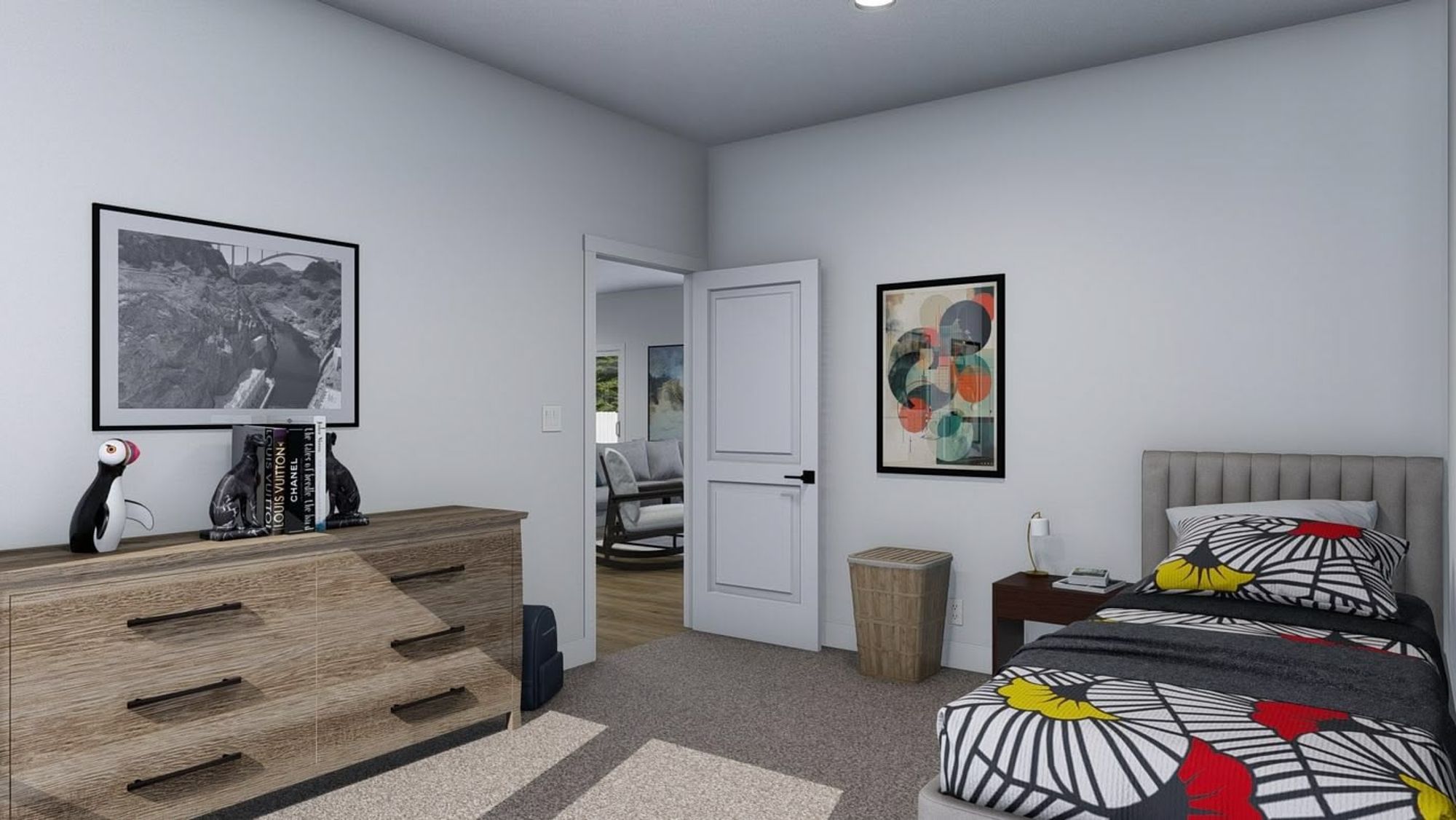 A medium-sized bedroom with a single bed, a dresser, and a side table.