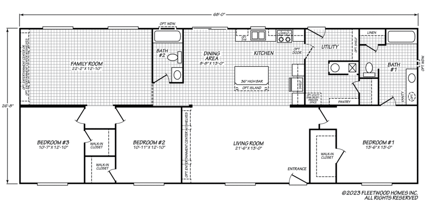 Black and white floor plan of a spacious three-bedroom manufactured home with a large family room, open kitchen and dining area, two bathrooms, and walk-in closets.