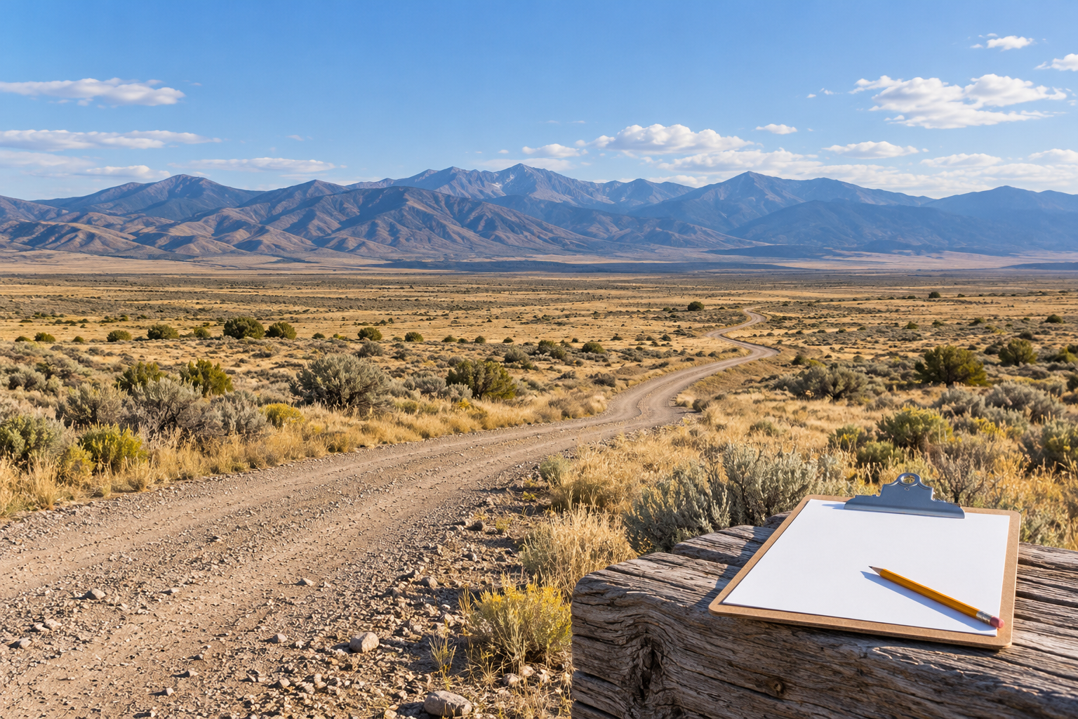 A gravel road winds through dry sagebrush toward distant mountains, with a blank clipboard and pencil in the foreground.