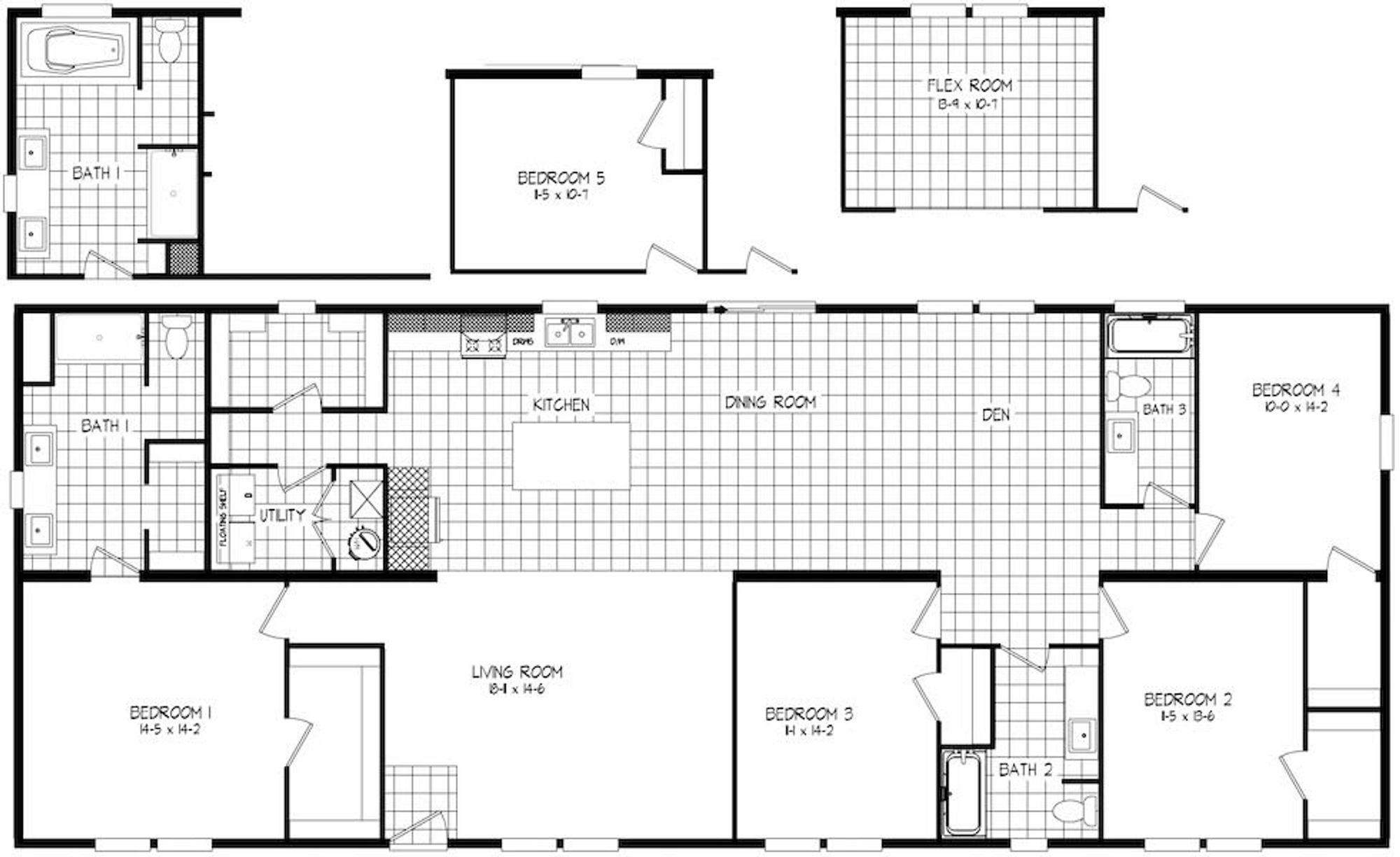 House blueprint featuring 5 bedrooms, a flex room, 4 bathrooms, and an open-layout kitchen, dining room, living room, and den.