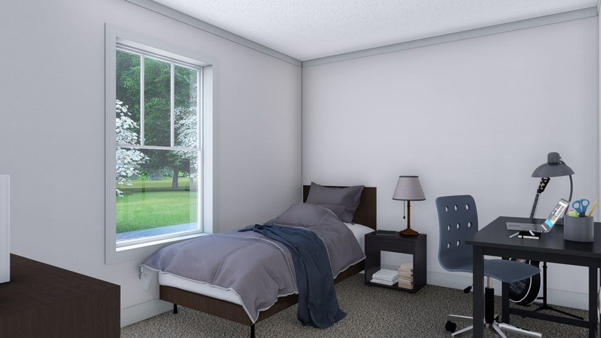Mid-sized bedroom with a twin bed , a desk, and a side table.